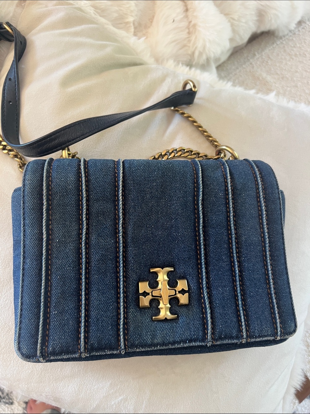 Denim Quilted Crossbody Bag with Gold Logo Tory Burch
